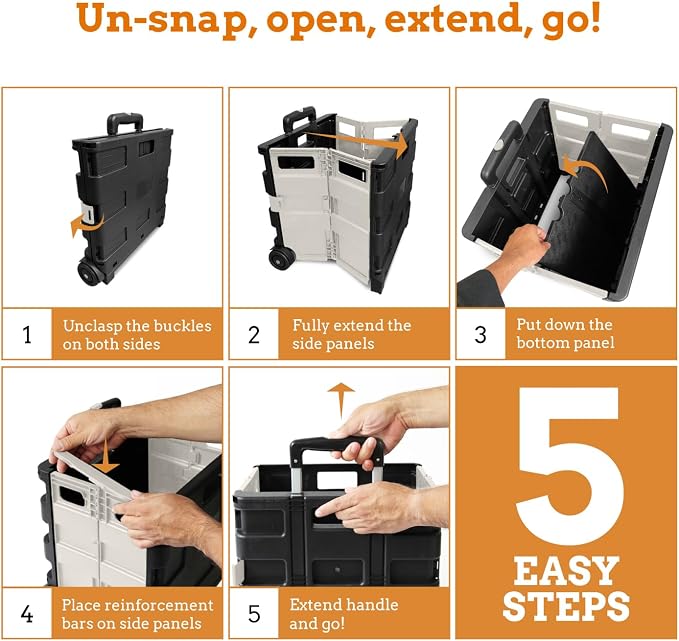 Ultra-Slim Rolling Collapsible Storage Pack-N-Roll Utility-carts, with Telescopic Handle, for Home, Garden, Shopping, Office, School use, Medium, White & Black