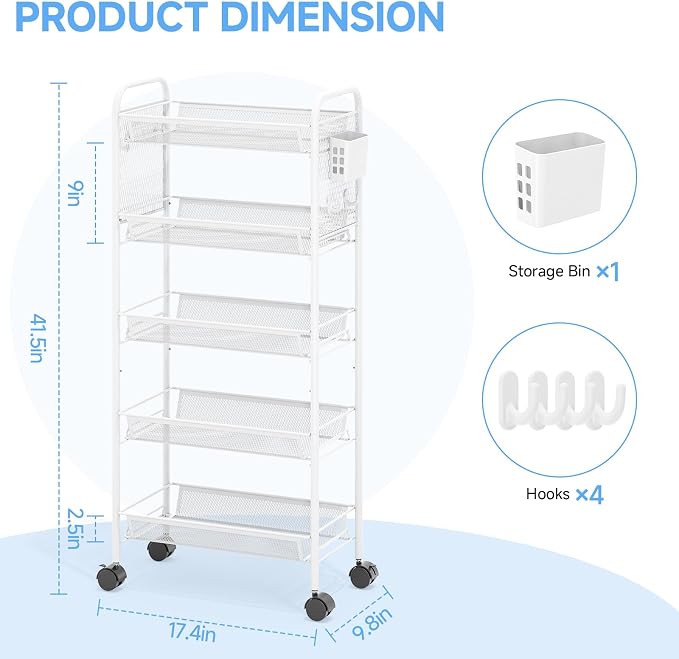 KINGRACK 5 Tier Rolling Cart, Metal Utility Storage Cart with Pegboard | Screwless Assembly, Lockable Wheels, 4 Hooks & 1 Bin, Mobile Organizer for Bathroom Kitchen Office Craft Room Laundry, White