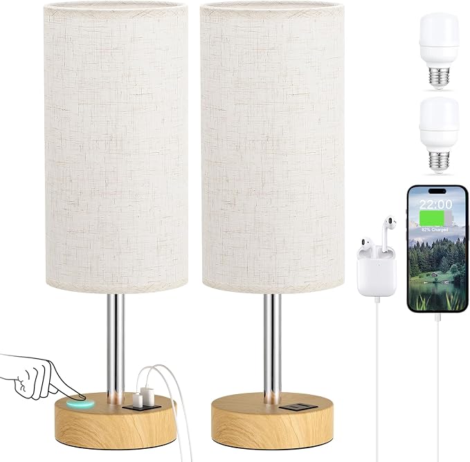 Dicoool Bedside Table Lamp Set of 2-3-Way Dimmable Touch Lamp, USB A+C | LED Bulb Included, USB C+A Charging Ports, Cream Fabric Lampshade, Metal Base, 14" Small Lamps for bedroom, Living Room