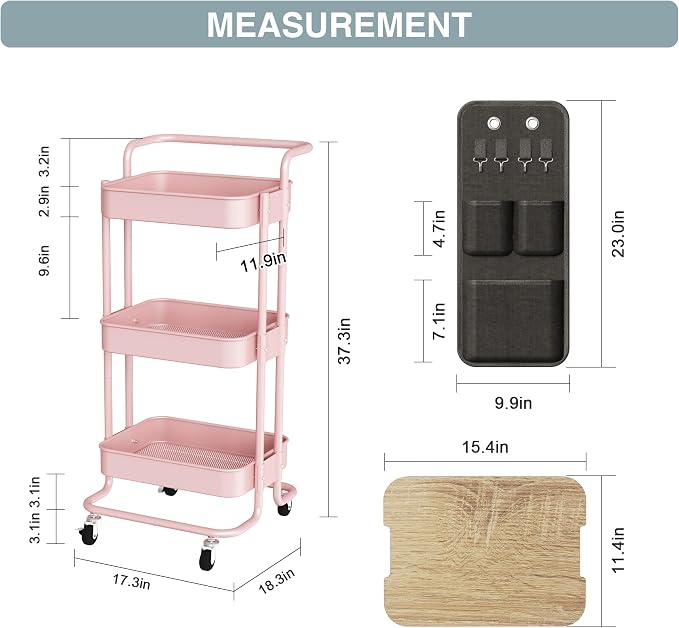 DTK 3-Tier Rolling Cart with Table Top, Metal Utility Cart with Side Bags | Tray Storage Organizer, Lockable Wheels, 4 Hooks, Art Cart for Kitchen, Bathroom, Office, Craft room, Living room, Pink