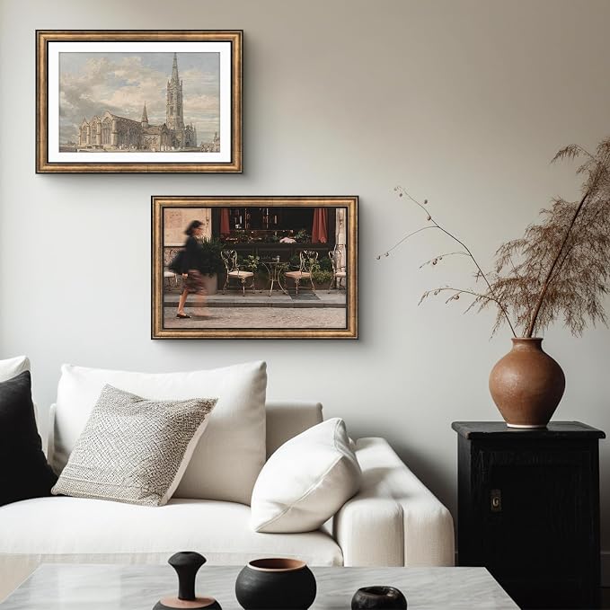 Golden State Art, 13x19 Photo Frame with Mat for Pictures 11x17 and Real Glass (Dark Gold Brown & Bronze Pewter Panel with White Color Mat, 1.25 Inch Frame Border)