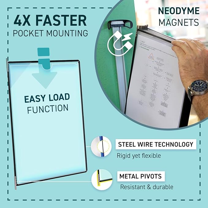 Tarifold Magnetic Wall Mount Reference System, 10 Pockets, Black | 10 double-sided PVC pockets hold 20 letter-size sheets, magnetic mounting plate, snap-on index tabs, easy to install