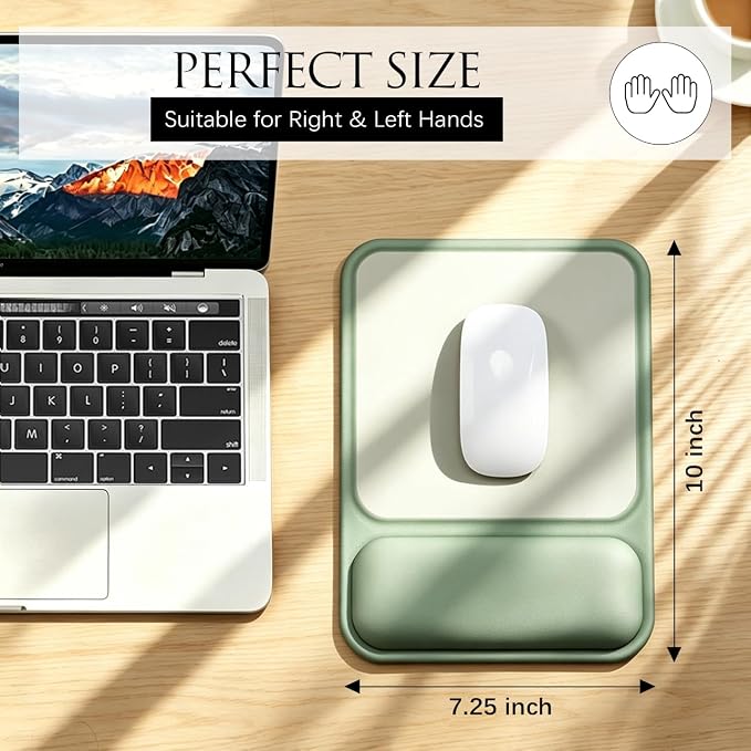 JIKIOU Ergonomic Mouse Pad with Gel Wrist Rest, 10 x 7.25 in, Green | 40% Larger Rectangular Design-No More Hitting Edges Mid-glide, Savior of Pain Relief, Smooth Lycra Surface, Non-Slip PU Base