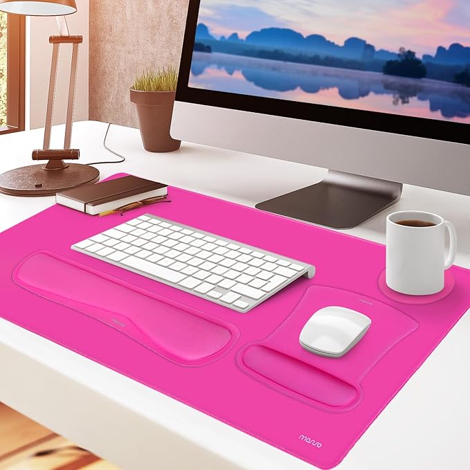MOSISO Keyboard Mouse Pad Set, Large Gaming Mousepad&Keyboard Wrist Rest&Mouse Wrist Rest&Coaster, Ergonomic Non-Slip Mousepad&Easy Typing Cushion with Memory Foam for Home Office, Bright Rose