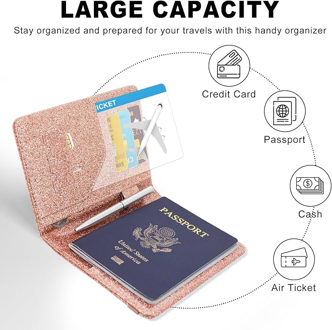 ACdream RFID BLOCKING Passport Holder Travel Wallet, Premium PU Leather Cover Passport Book with Card Holder, Pen Holder, Keep Organization, and Travel Essentials for Women and Men, Glitter Rose