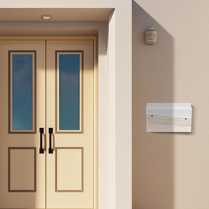 Wall-Mount Mailbox, White Walnut Wood Panel, Rust Resistant Large Capacity House Mailbox, Modern Drop Mailboxes for Outside, Metal Post Box (No Keys Locking)