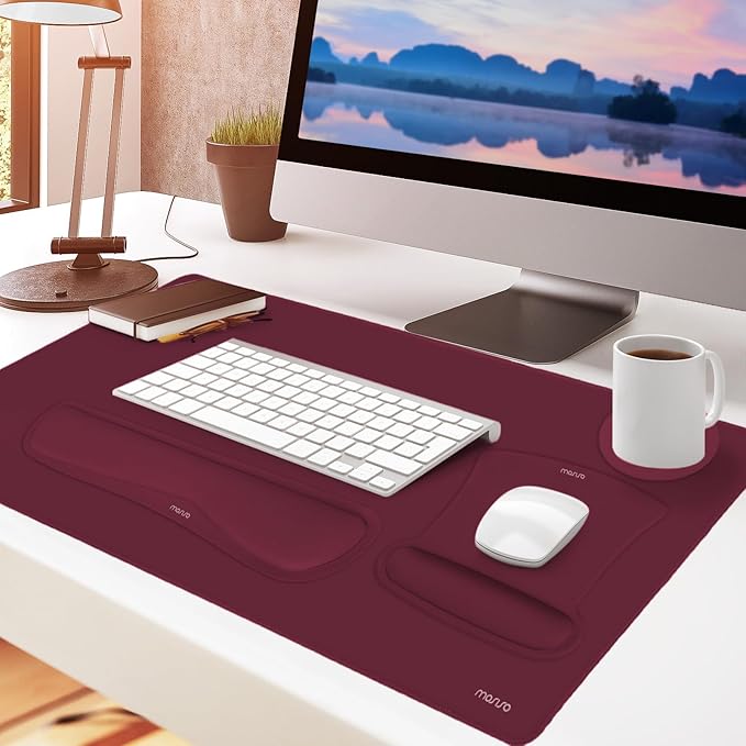 MOSISO Keyboard Mouse Pad Set, Large Gaming Mousepad&Keyboard Wrist Rest&Mouse Wrist Rest&Coaster, Ergonomic Non-Slip Mousepad&Easy Typing Cushion with Memory Foam for Home Office, Wine Red