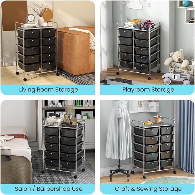10 Drawer Rolling Cart, Storage Cart Organizer on Wheels, Drawer Cart with Metal Frame & Large Storage Capacity, Rolling Cart with Drawers for Living Room Classroom, Office