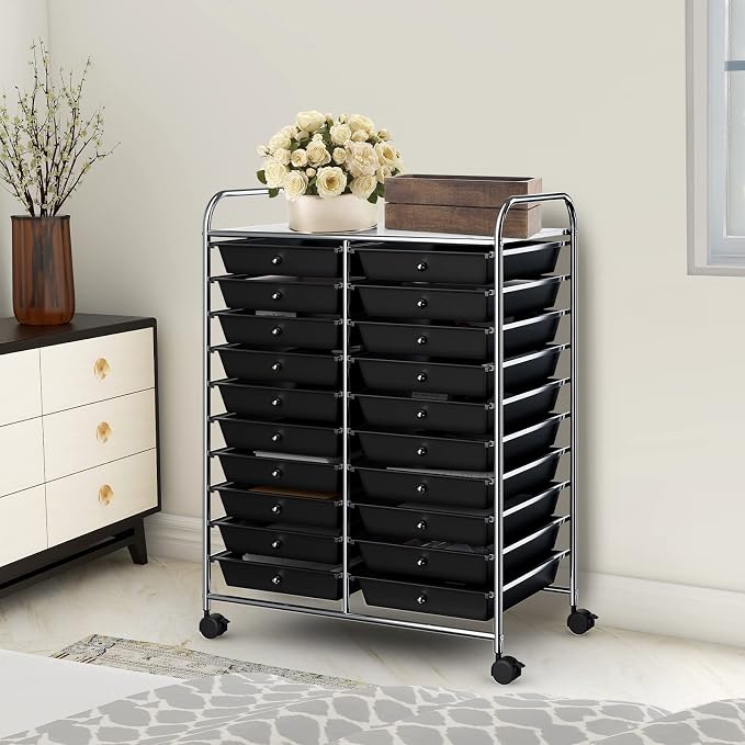 COSTWAY 20-Drawer Rolling Storage Cart, Utility Storage Organizer Cart | For Tools, Scrapbook, Paper, Craft, Multipurpose Storage Trolley on Wheels for Home Office School (Black)