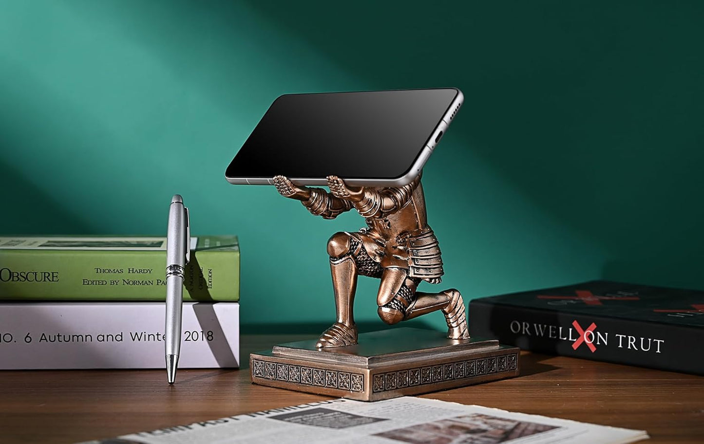 Knight Pen Holder Pen Stand Desk Organizers and Accessories Resin Pencil Holder as Gift with a Fancy Pen for Office and Home Desk Organizer (Bronze)