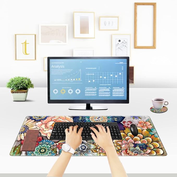 ToLuLu Extended Gaming Mouse Pad, Ergonomic Keyboard Mouse Wrist Rest Set | Large Desk Mat with Stitched Edges, Non-Slip Base Memory Foam Support Mousepad for Home Office Game, Colorful Flower