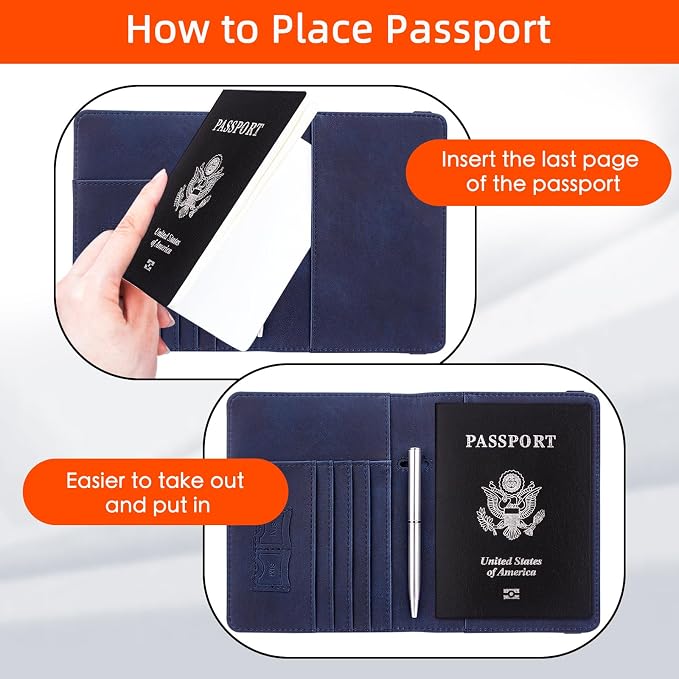 WALNEW Passport Holder for Travel, RFID Passport Cover Wallet for Women Men, PU Leather Passport Book Card Holder Case with Pen, Travelling Essentials for Flying | PU Leather Passport Cover Case with Pen Holder, Travel Must Haves Accessories, Passport ...