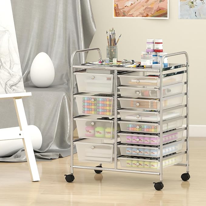 BECOMFORT 15-Drawer Rolling Cart with Drawers, Storage Cart on Wheels, Teacher Classroom Organizers with Metal Frame, Mobile Craft Cart for Tools