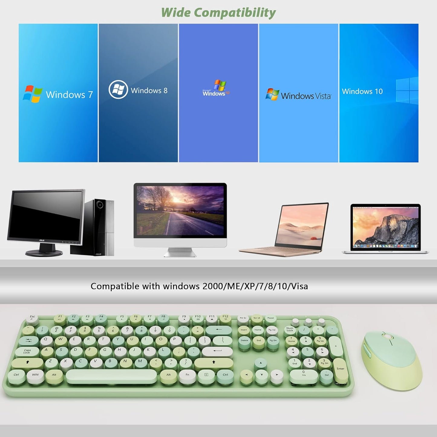 Green Wireless Keyboard and Mouse, KOOTOP Cute Green Colorful Keyboard and Mouse, 2.4G Wireless Keyboard with Retro Round Keycap for PC, Mac, Laptop,Tablet,Computer Windows (Green)