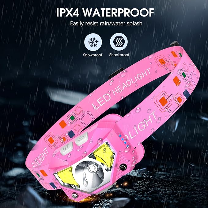 LHKNL Headlamp Flashlight, High Lumen Bright LED Rechargeable Headlight with White Red Light, 2-Pack Waterproof Motion Sensor Head Lamp, 8 Mode for Camping Running Hiking Fishing Gear- Pink