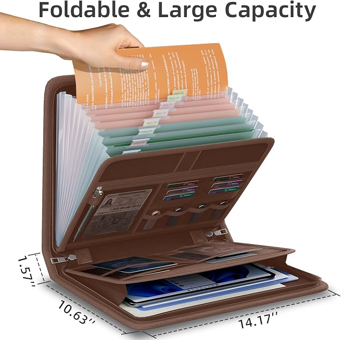 Fireproof Accordion File Organizer, Expanding File Folder with 13 Pockets | Portable Document Organizer with Waterproof Zipper & Labels, File Organizer for Important Document/Paper Storage, Brown