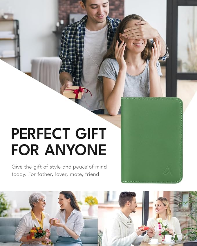 ALLIVE Passport Holder for Travel, Genuine Leather Passport Holder Women Men,Passport Cover,Travel Wallet Must Haves Airport Essentials Travel Gifts Green