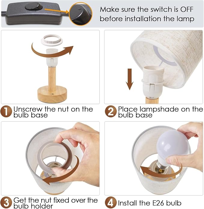 Small Bedside Table Lamps for Bedroom Set of 2,Natural Round Wood Base&Fabric Linen Shade,Cozy Night Light for Study Reading,Minimalist Boho Desk Lamp for Nightstand,Living Room,Nursery,Kitchen,Dorm