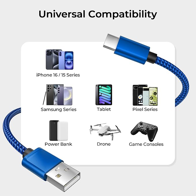 Basesailor USB Type C Charger Cable 6.6FT 2Pack,Charging Cord for iPhone 16 Pro Max,Kindle Fire HD 7 12th,10 9th,8 10th 2020,Paperwhite 11th 2021 Generation,iPhone 17 16,Galaxy S25 S24,Tab S10,A55 A54