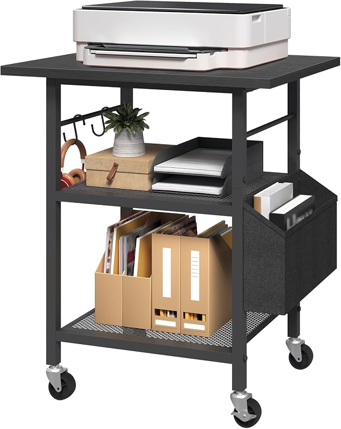 MAHANCRIS 3-Tier Printer Stand, Rolling Printer Table on Wheels, Industrial Storage Stand with Side Pocket, Wooden Tabletop, 2 S-Shaped Hooks, for Home Office, Black PTBK2501