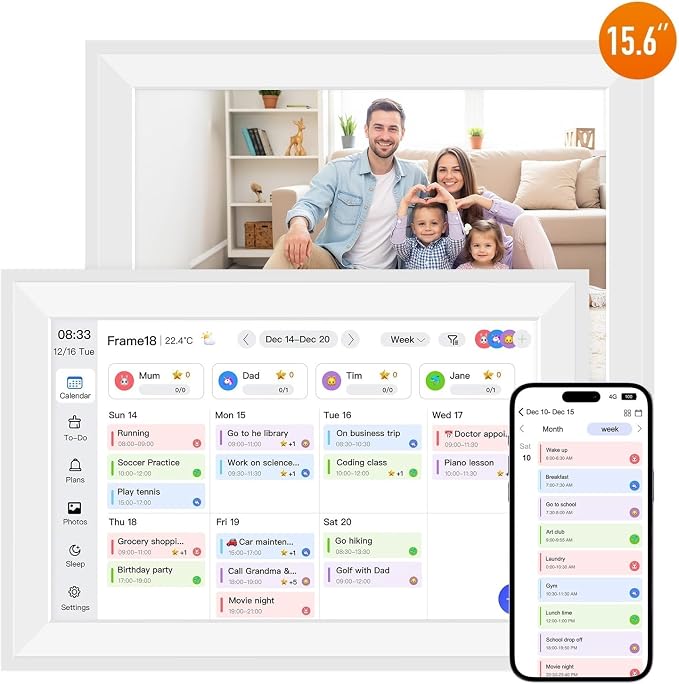 15.6" Smart Digital Wall Calendar Interactive Display for Family Schedules Wall Planner with Chore Charts Meal Planning Task Rewards 64GB Storage 1920x1080P IPS Touchscreen Digital Picture Frame White