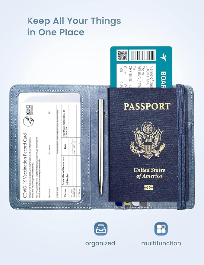 Passport Holder Travel Wallet Passport Case Cover | Vaccination Card Holder, RFID Blocking, Clear Pocket For Photo