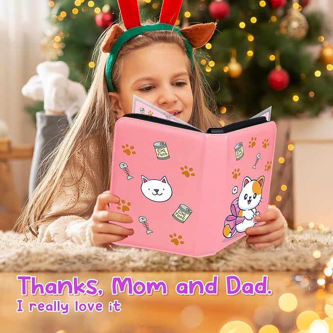 Premium 4 Pocket Trading Card Binder,400 Capacity with 50 Removable Sleeves | PU Leather Zipper Album Book for Sports Cards, Game | Card Storage & Organization for Girls Collector Rose Pink