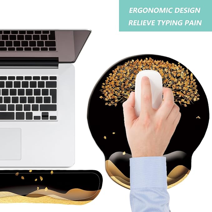 Keyboard Wrist Rest Pad Mouse Pad with Wrist Support Set of 3, Mousepad with Non-Slip Rubber Base, Ergonomic Memory Foam Mouse Wrist Cushion Support for Home Office Laptop Computer, Tree