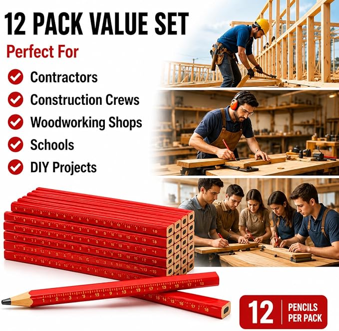 Carpenter Pencil Set for Construction, Woodworking Marking Tool, Scriber for Contractor (Black-Ink)
