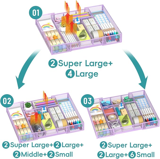Expandable Desk Drawer Organizer Tray with 10 Adjustable Compartments, Metal Mesh Office Drawer Organizer, Versatile Desk Organizer for Home, School Supplies, Makeup Vanity & Jewelry (Purple)