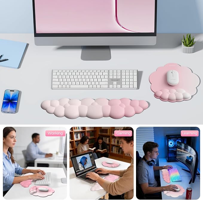 TECKNET Cloud Wrist Rest & Ergonomic Mouse Pad, Cloud Keyboard Wrist Rest with Non-Slip Base, PU Leather Memory Foam Wrist Pad for Keyboard and Mouse, Pain Relief for Typing, Gaming, Pink