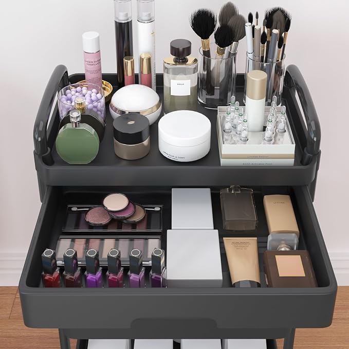 Calmootey 4-Tier Utility Cart with Drawer & Wheels, Storage for Home,Office | Space-Saving Organizer, Sturdy Plastic Shelves, Smooth-Rolling Metal Wheels, Built-in Drawer for Small Items, Black