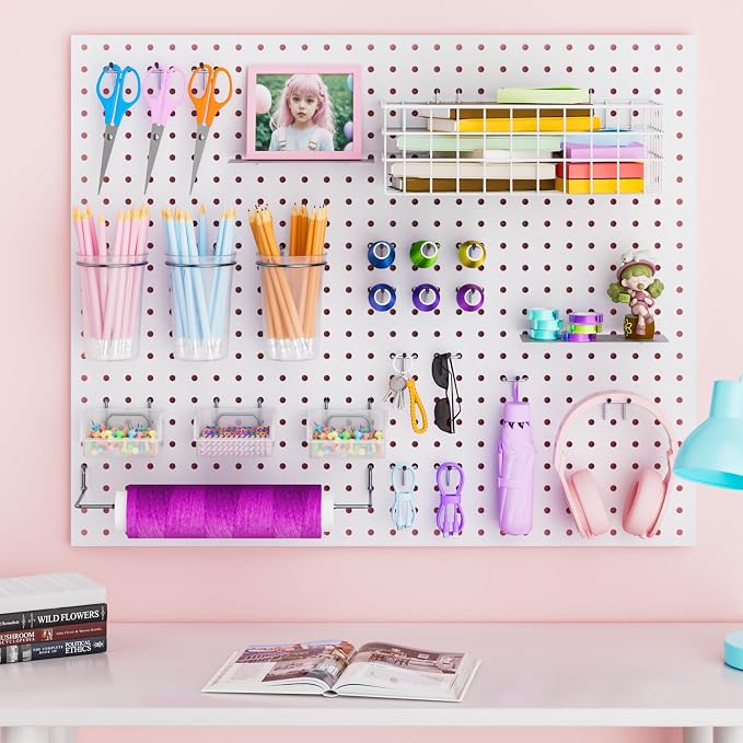 INCLY 30PCS Peg Board Organizer Accessories Kit with Bins, Cups & Baskets | Pegboard Hooks Assortment, Wire Baskets, Paper Towel Holder, 1/8" and 1/4" Pegboard, For Garage Workbench Craft Room