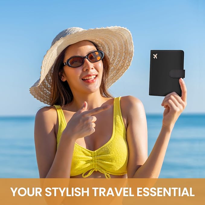 Passport Holder for Travel Essentials, RFID Blocking Leather Cover Wallet with Magnetic Closure, Aesthetic & Cute Passport Book Case for Women and Men - Black