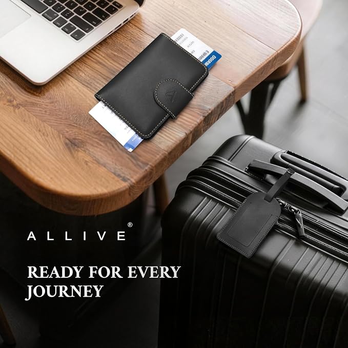 ALLIVE Passport Holder with Luggage Tag, Genuine Leather Passport Holder with AirTag Hidden Pocket, RFID Blocking Travel Wallet for Women & Men, Premium Gift Box, Ready to Gift – Gift Set (Black)