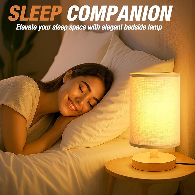 Desk Lamp LED Bulb Included, Small Bedside Table Lamp Plug-in - Classic Wood Base with Flaxen Fabric Shade, Lamps for Night Stands, Simple Nightstand Light for Bedroom, Office, Desk