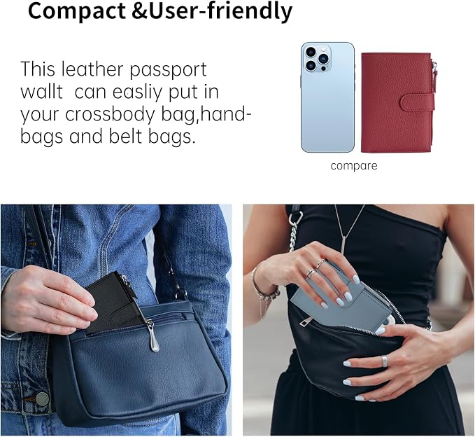 Passport wallet and Card Slot Combo RFID Blocking Leather Travel Passport Wallet for Men and Women with Zippered Coins Pocket Passport holder, WineRed