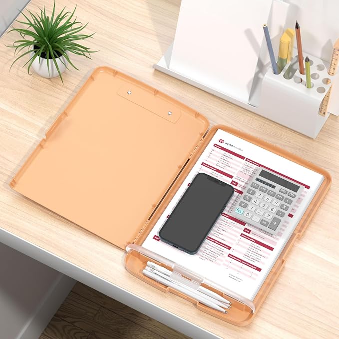 Rimilak Clipboard with Storage, 8.5 x 11'' High Capacity Clip Board, Orange | Smooth Writing, Side-Opening Plastic Folder with Pen Holder, Size 14.2 x 9.6 x 1.2″ ,for Classroom, Teacher, Student