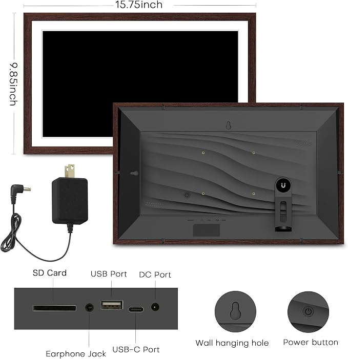 Digital Picture Frame Frameo, Large 15.6 Inch Digital Photo Frame, WiFi Electric Frame, 1920 * 1080 IPS FHD Touchscreen, 32GB, Tabletop&Wall-Mounted, Share Video Picture, Gifts for Mom, Black Walnut
