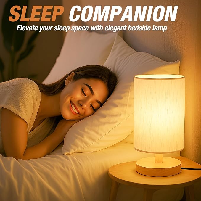 Desk Lamp LED Bulb Included, Small Bedside Table Lamp Plug-in - Classic Wood Base with Flaxen Fabric Shade, Lamps for Night Stands, Simple Nightstand Light for Bedroom, Office, Desk