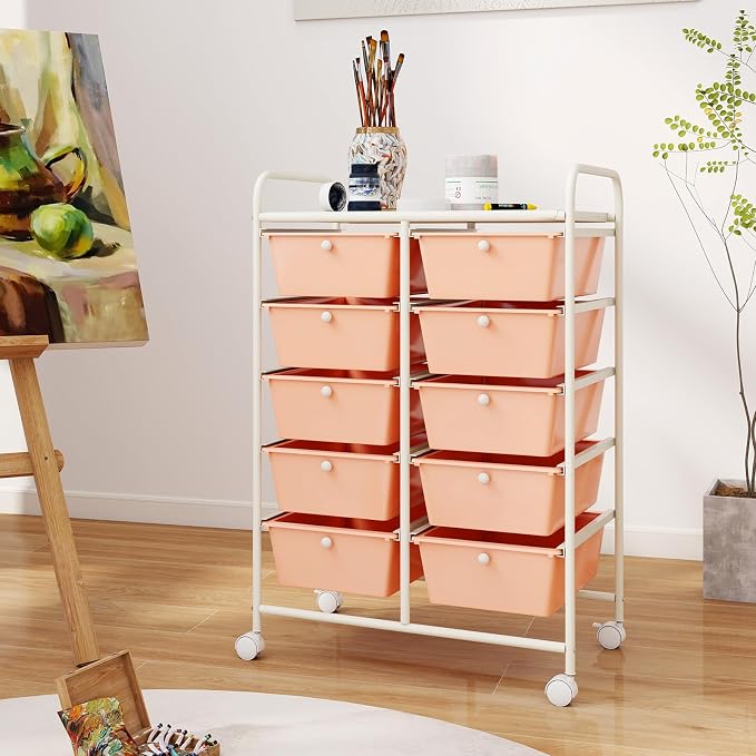 COSTWAY 10 Drawer Rolling Storage Cart, Utility Cart with Lockable Wheels | Mobile Art Supply Craft Organizer with Metal Frame, Multipurpose Drawer Cart for Paper for Office, School, Peach