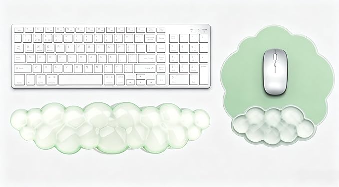 Mouse Pad with Wrist Rest, Soft Cloud Gel Keyboard Mouse Pad Set with Hand Wrist Support, Cute Non Slip Office Desk Accessories for Comfort/Pain Relief/Computer/Laptop (2Pc Green Cloud)