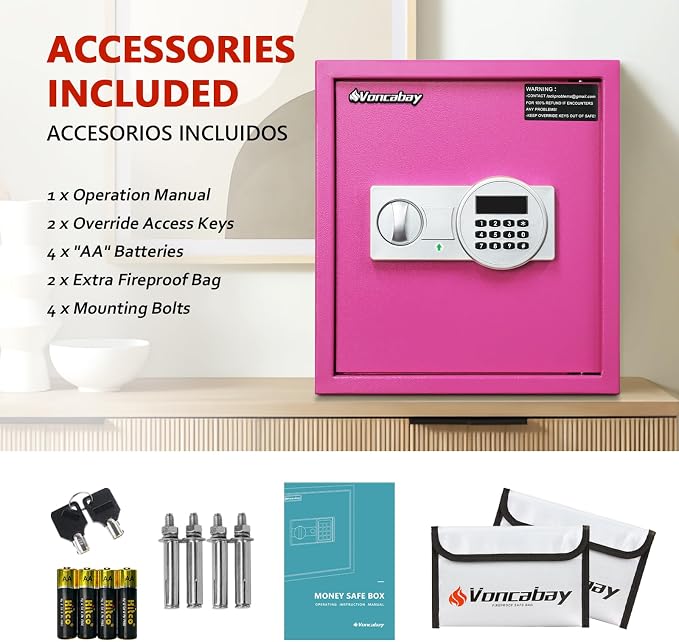 Voncabay Money Safe Box for Home with Digital Keypad, 1.5 Cu. Ft., Pink | Alloy Steel, 2 Fireproof Bags, Digital Keypad with Display, Removable Shelf, Alarm System, 14 x 13 x 13 In.