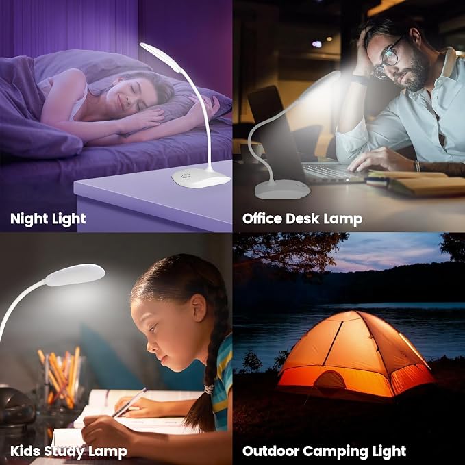 Portable Battery Powered Desk Lamp Small Rechargeable LED Table Light | 400 Lumen Eye Care,3 Color Temperatures,Stepless Touch Dimming,360° Adjustable for Nail Study Dorm Office Bedroom,White 2 Pcs