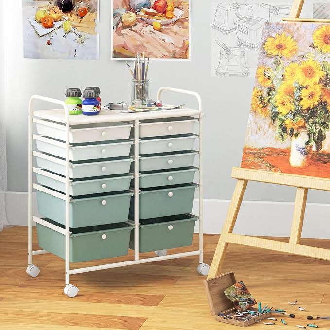 BECOMFORT 12-Drawer Rolling Cart with Drawers, Storage Cart on Wheels, Teacher Classroom Organizers with Metal Frame, Mobile Craft Cart, Trolley Utility Cart for School Office Play Room