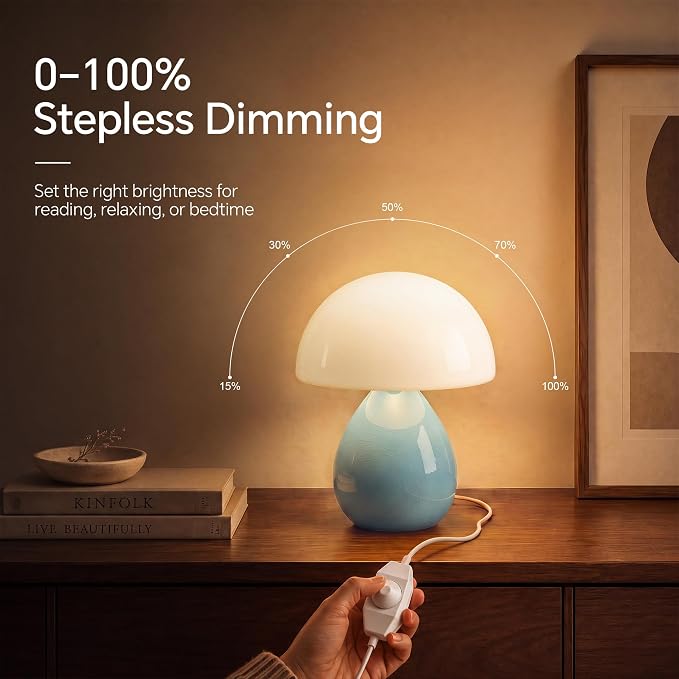 Mushroom Lamp Table Lamp for Bedroom-Small Desk Table Lamps,Blue | Ice Crackle 8.7" Mid Century Modern Table Lamps for Living Room Bedroom Decor,Ceramic Lamps for Home Room Decor,Glass Shade