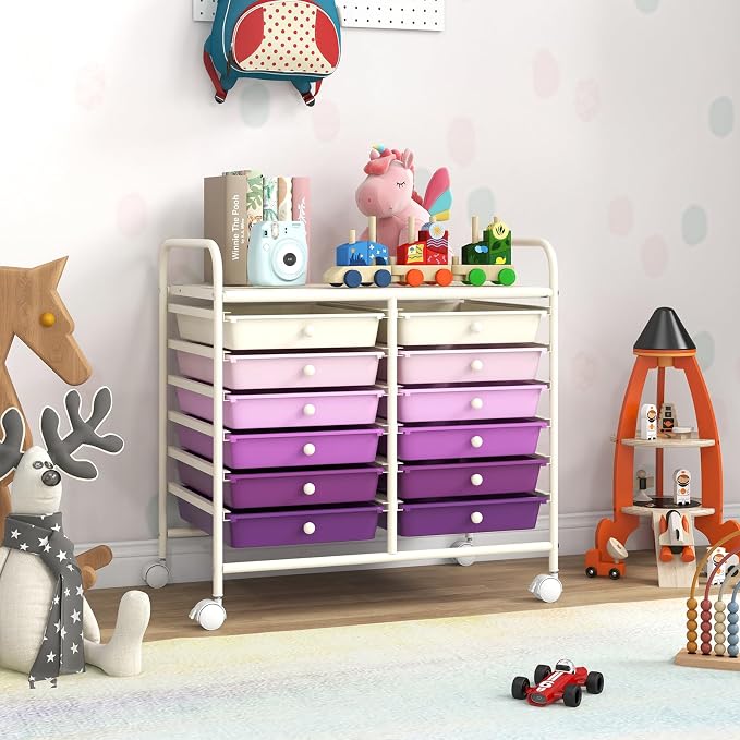 COSTWAY 12-Drawer Rolling Storage Cart, Utility Storage Organizer Cart | For Tools, Scrapbook, Paper, Craft, Multipurpose Art Supply on Wheels for Home Office School, Teacher, Purple Gradient