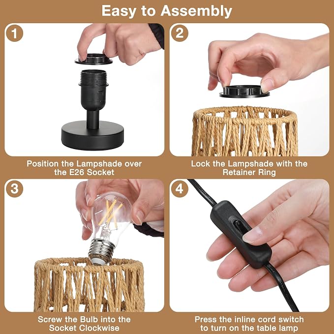 Table Lamps (Rattan Rope Shade - Black Base, 9" Inline Control) | 3000K LED Blub Included | 680 Lumens | Easy Assembly | Minimalist Design | E26 | for Kitchen | for Kids Room