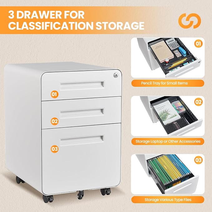 3 Drawer File Cabinet, Fully Assembled Mobile File Cabinets with Lock for Home Office, Metal Rolling Filing Caninet on Wheels, Three Drawer Under Desk Cabnet for Letter/Legal / A4 - White