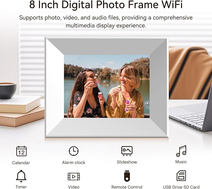 8-Inch Digital Picture Frame with WiFi, Wood Finish Frame Smart Photo Frame HD IPS Touch Screen with 16GB Storage β Easy Photo & Video Sharing from Anywhere β Ideal Gift for Family, White